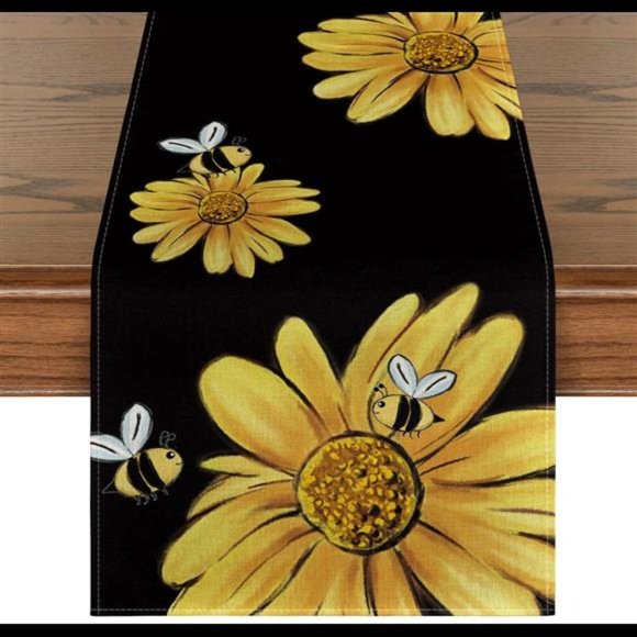 Bee Sunflower Table Runner Black, Home Decor 13 x 72" Black - Picture 3 of 6